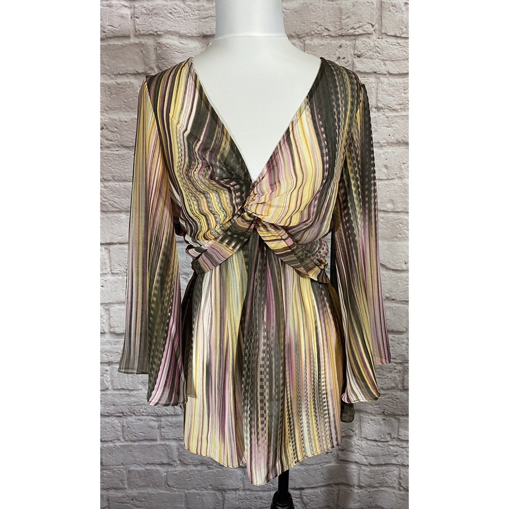 Boston Proper S Abstract Print Twist Front Top Blouse Sheer Bell Sleeve